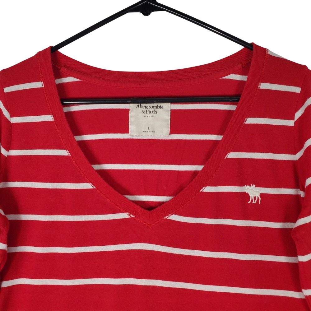 Abercrombie & Fitch Womens Red White Striped V-Neck Long Sleeve T-Shirt Large